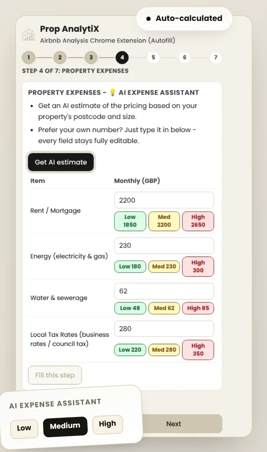 AI Expense Assistant showing low, medium and high monthly estimates for property expenses such as rent, energy, water and council tax