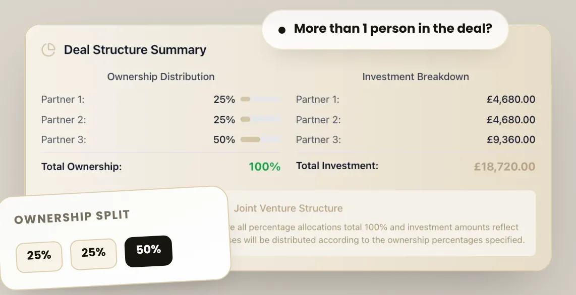 Joint venture ownership split across partners in the Prop AnalytiX Calculator
